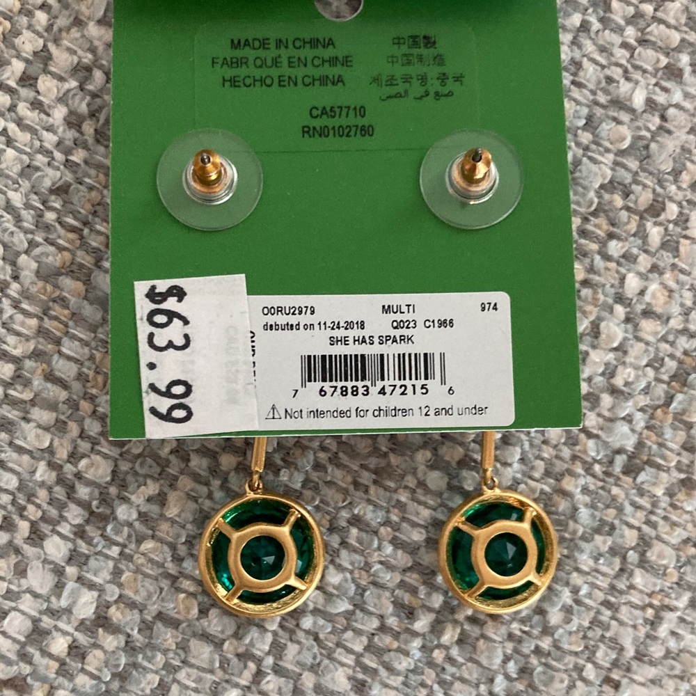 Kate Spade Gold-Tone Earrings with Green, Pink, and Blue Stones - Picture 2 of 2